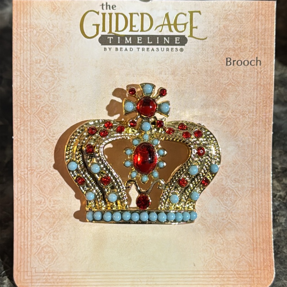 Bread Treasures Gold Tone Queens Crown Red & Blue Faux Jewel Accents Brooch Pin